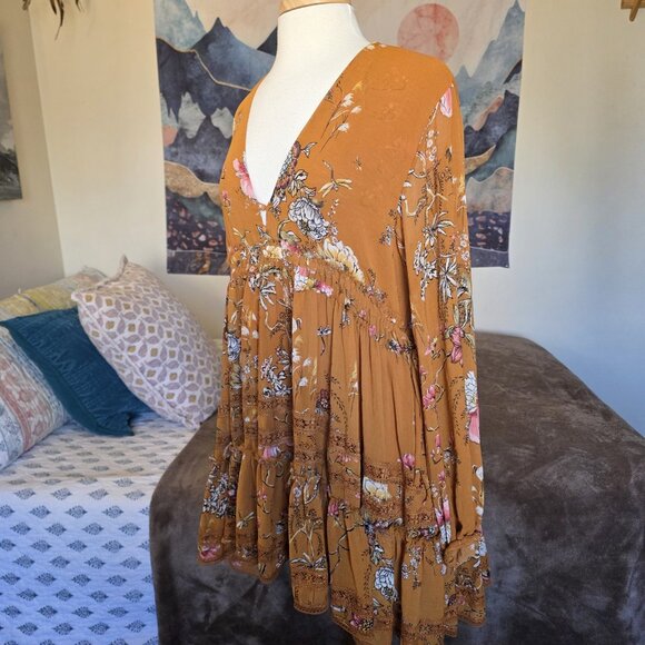 Free People Cherry Blossom Mini Dress Topaz Mustard Floral Oversized Flowy Small - Picture 8 of 16
